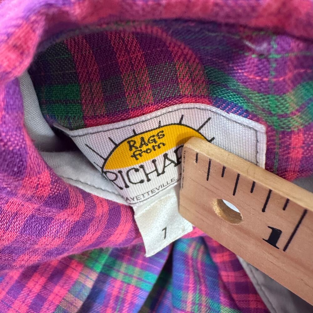 Rags From Richards Girls Size 7 Dress Pink Purple Plaid Peter Pan Collar Bow - Picture 4 of 7